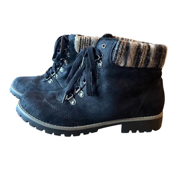 Joe Boxer Rhonda Hiking Combat Boots Size 11 Black Knit Cuff lace Up Lug Sole - Picture 1 of 10